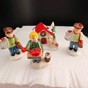 Department 56 Snow Village Girl & Apples, 2 Newsboys, Dog with House - 4 pieces